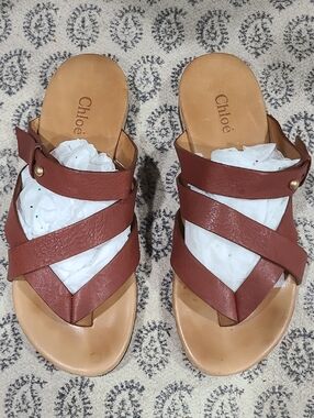 Chloe Brown Leather Crisscross Slide Sandals Size 6.5 US